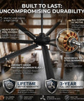 120 Inch Ceiling Fan With Lights For Large Commercial Spaces And Industrial Shops, Heavy Duty Outdoor Covered Area Fan Delivering Up To 24,000 CFM Of Powerful Airflow, Built For Big Open Rooms. Black aluminum blades and all-copper DC motor