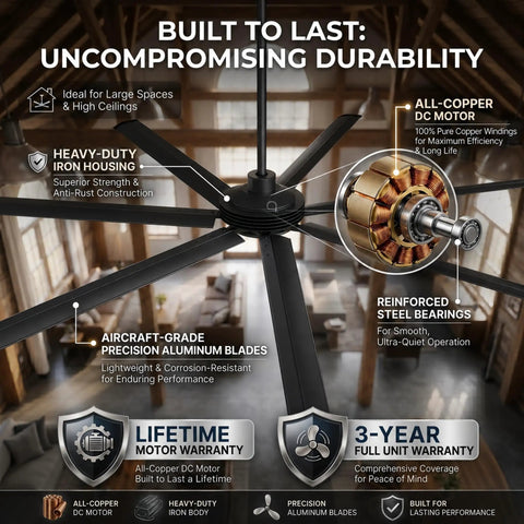 120 Inch Ceiling Fan With Lights For Large Commercial Spaces And Industrial Shops, Heavy Duty Outdoor Covered Area Fan Delivering Up To 24,000 CFM Of Powerful Airflow, Built For Big Open Rooms. Black aluminum blades and all-copper DC motor