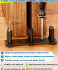Three-Roller Adjustable Sliding Closet Door Floor Guide Upgrade Kit Bottom Mount For Bypass Double Bypass And Barn Doors One Pack Provides Ultra Smooth Gliding And Edge Protection For Door Panels being installed with hex wrench and screwdriver on wooden floor.