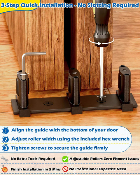 Three Roller Adjustable Sliding Closet Door Floor Guide Upgrade Kit two pack black bottom mount installation guide on wooden floor