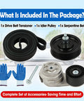 Premium Drive Belt Tensioner Kit For Dodge Ram 2500 3500 4500 5500 With 5.9L Or 6.7L L6 Engine Years 2003 Through 2012 includes belt, pulleys, gloves, and bolt