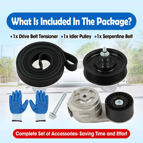 Premium Drive Belt Tensioner Kit For Dodge Ram 2500 3500 4500 5500 With 5.9L Or 6.7L L6 Engine Years 2003 Through 2012 includes belt, pulleys, gloves, and bolt