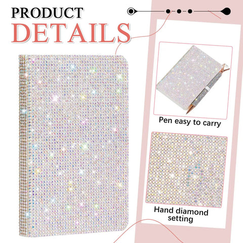 Bling Rhinestone Notebook Set Glitter Pocket Journal With Crystal Pen Mini Diamond Diary Hardcover For Women A6 Size Silver