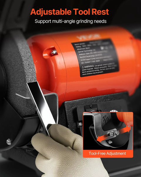 High Octane 8 Inch Variable Speed Bench Grinder Adjustable Tool Rest for multi-angle grinding and tool-free adjustments.