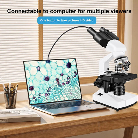 Adult Lab Microscope With 40X To 2000X Magnification Binocular Eyepieces WF10x And WF25x USB Camera connected to laptop