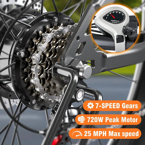 26 Inch Commuter Electric Bike For Adults With 5 Level Pedal Assist And 7 Speed Gears, Top Speed 25 MPH, 720W Motor, 375Wh Battery, 50 Mile Range, Lockable Suspension Fork, Lightweight City Cruiser Ebike rear wheel 7-speed drivetrain