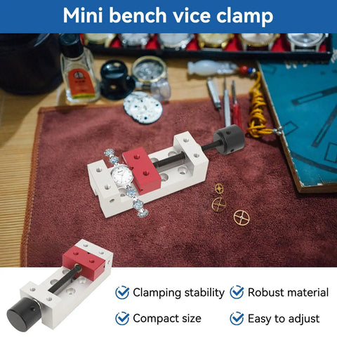 Slick Compact Mini Vise With 50mm Jaw Space, hassle free tabletop mount with a watch being clamped for jewelry work.