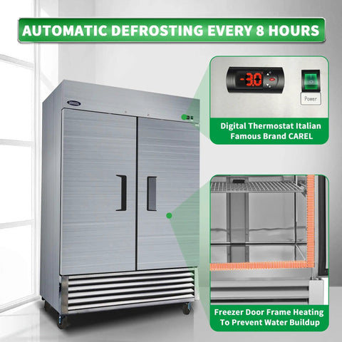 Top Notch Commercial Reach In Upright Freezer 49 Cubic Feet with digital thermostat and heavy-duty stainless steel frame.