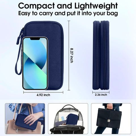 Grab And Go Waterproof Double Layer Cable Organizer Pouch Travel Carry Case For Cords Chargers Earphones Blue Medium Size