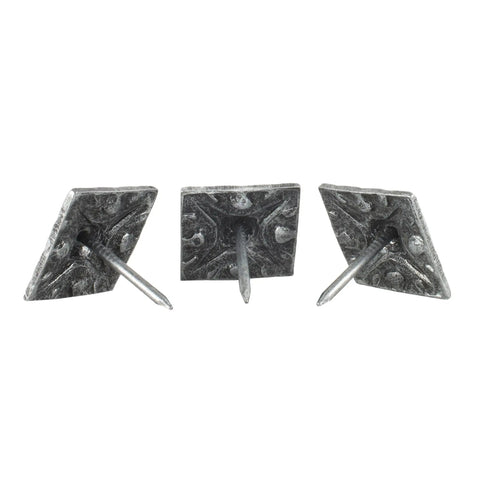 Heavy Duty Square Upholstery Nails Crafted From Solid Steel With Rich Pewter Finish, 3 tacks shown in profile.