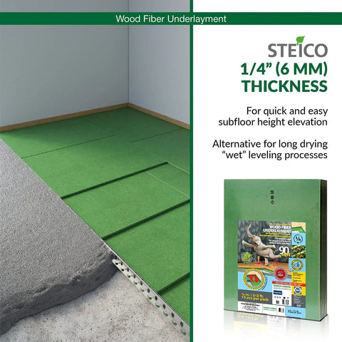 Solid As A Rock Wood Fiber Underlayment 6mm Thick showing green sheets installed for subfloor sound dampening and insulation.
