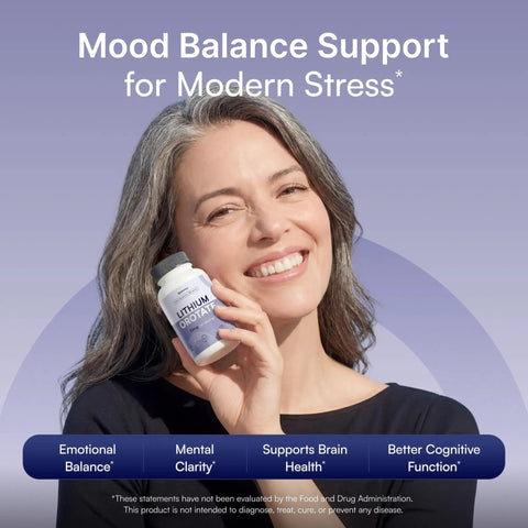 Woman holding a bottle of Lithium Orotate 10mg Trace Mineral Supplement For Daily Balance And Sharp Focus, Low-Dose Highly Absorbable Formula.