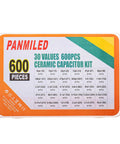 Starter Pack Ceramic Capacitor Kit With 30 Values And 600 Pieces For DIY Electronics, package list visible on box lid