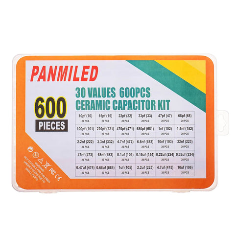 Starter Pack Ceramic Capacitor Kit With 30 Values And 600 Pieces For DIY Electronics, package list visible on box lid