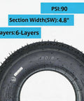 Two Pack 4.80-8 Trailer Tires 6PR Load Range C Beefy Heavy Duty For Boat And Utility Trailers, close-up of tire specifications.
