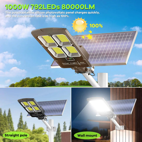 1000W Solar Street Light Dusk To Dawn 80000LM LED Beast Mode Brightness with motion sensor and remote control outdoors