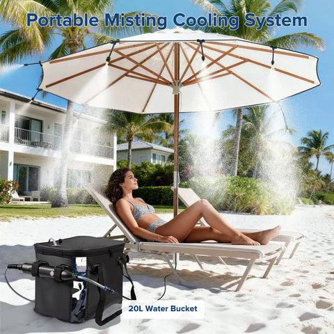 Portable Outdoor Misting System For Patio Cooling With Ultra Fine Mist Beating The Heat shown cooling a patio with umbrella.