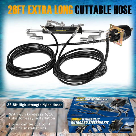 Plug And Play 300HP Hydraulic Outboard Steering Kit with 26Ft PU hoses, helm pump, and cylinder displayed on packaging.