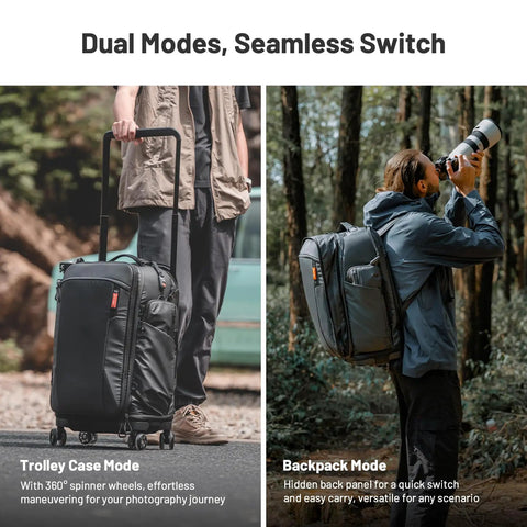 Two modes of the 2-In-1 Roller Camera Backpack For Travel Photographers Go-To Gear With Rolling Luggage and backpack options shown outdoors