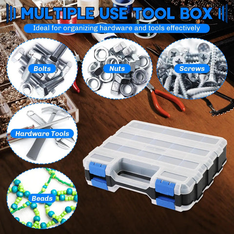 34 Compartment Double Sided Parts Organizer Box With Removable Dividers Durable Blue Storage Case for screws nuts nails