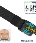 Close-up of black nylon belt with plastic buckle, labeled scanner, illustrating metal-free design for security checks.