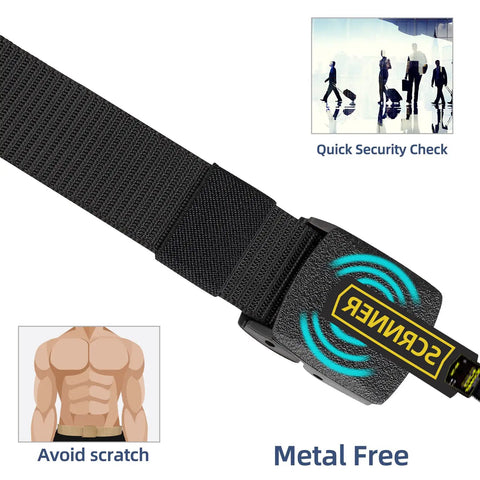 Close-up of black nylon belt with plastic buckle, labeled scanner, illustrating metal-free design for security checks.