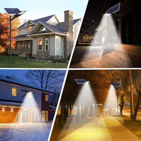 Beast Mode Bright 1000W LED Solar Street Light illustrating outdoor illumination on houses and walkways with IP65 waterproofing.