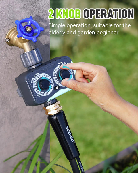 Hand adjusting Weatherproof Sprinkler Timer With Three Quarter Inch Hose Port, Programmable Dial Watering System, on outdoor faucet