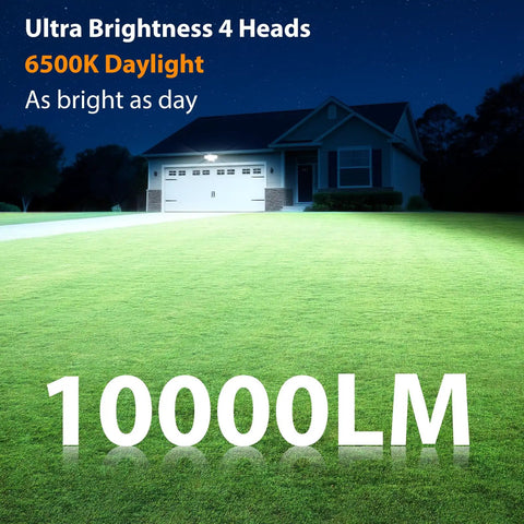 Heavy Duty 90W LED Security Flood Light With Dang Bright 10000 Lumen Coverage And Four Adjustable Heads Featuring Dusk To Dawn Sensor IP65 Weatherproof Outdoor Spotlight For Backyard Gate And Porch Installations In Black
