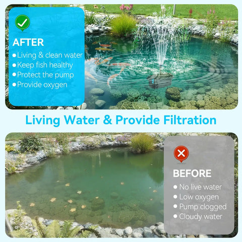 Comparison of pond before and after using 25W Solar Pond Pump With Built In Filter, showing improved water clarity and flow.