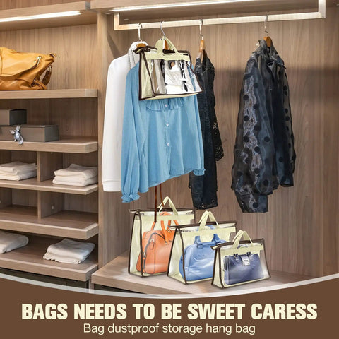 Closet with Purse Dust Bags Set With 24 Storage Covers And 25 Stainless Steel S Hooks 3 Sizes S M L for handbags displayed