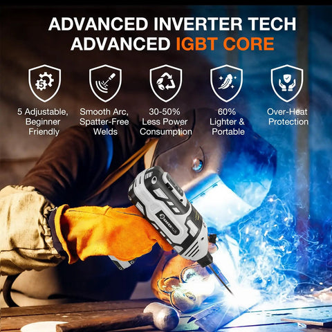 Pocket Sized Portable Arc Welder 110V Handheld With IGBT Inverter, showing welding in progress and benefits of advanced tech.