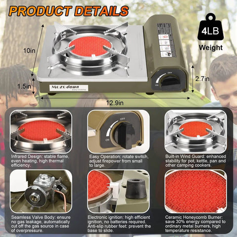 Dual Fuel Camp Stove With Infrared 8000 BTU Butane And Propane Portable Gas Stove Windproof Single Burner detail view