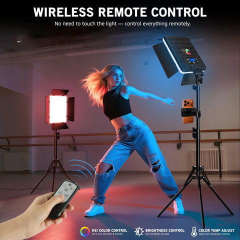 Two Pack RGB Video Lighting Kit With 40W Output And 360 Degree Full Color Range From 2700K To 6500K, remote control display