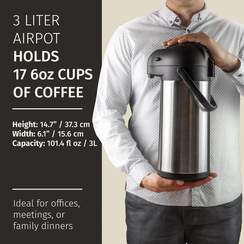 Man holding Insulated Stainless Steel Airpot Carafe With Pump 102oz 3L For Parties Party Ready Large Capacity Keeps Coffee Hot 12 Hours And Cold 36 Hours Brew Tea Cocoa Water Easy Pour Beverage Dispenser