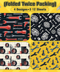 Mechanic Themed Wrapping Paper Pack With 12 Sheets In 3 Designs Featuring Wrench, Screw, And Tire Auto Parts Graphics For Gearheads, Car Enthusiasts, Mechanics, And DIYers, Durable Gift Wrap For Father's Day 20x28 Inches. folded twice packing, 4 designs, 12 sheets