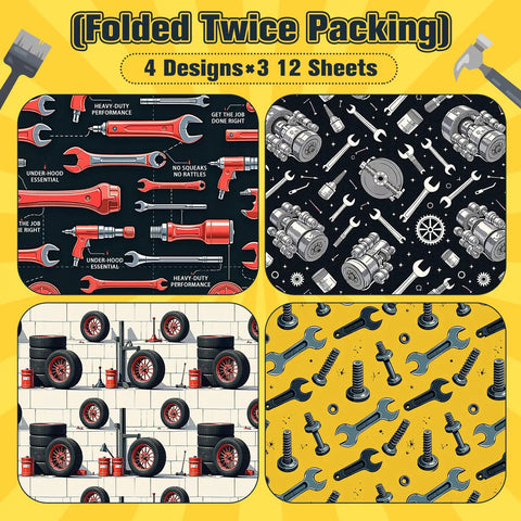 Mechanic Themed Wrapping Paper Pack With 12 Sheets In 3 Designs Featuring Wrench, Screw, And Tire Auto Parts Graphics For Gearheads, Car Enthusiasts, Mechanics, And DIYers, Durable Gift Wrap For Father's Day 20x28 Inches. folded twice packing, 4 designs, 12 sheets