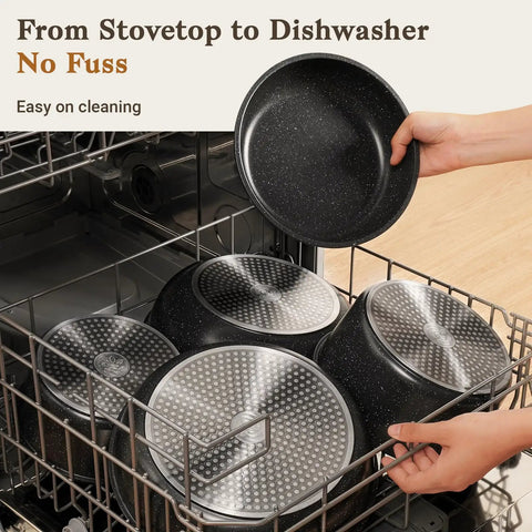 15 Piece Nonstick Pots And Pans Set With Detachable Handles Induction Compatible in dishwasher, easy cleaning visible