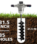 40V Brushless Cordless Earth Auger 6 Inch Post Hole Digger showing 31.5 inches depth capability, with soil and grass background.