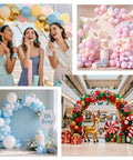 Balloon arch stand kit collage showing pink pastel, blue baby, blue-and-white, and red-green holiday arches.