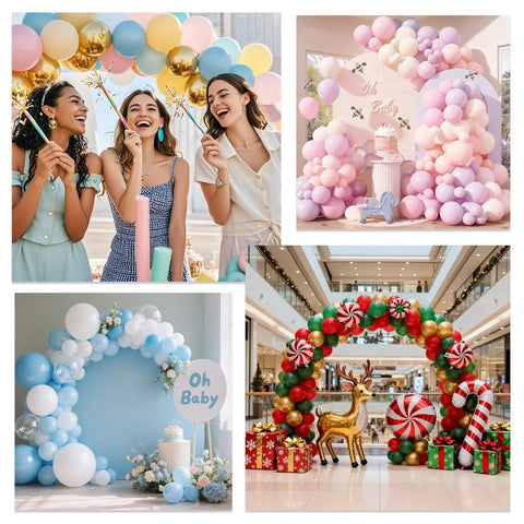 Balloon arch stand kit collage showing pink pastel, blue baby, blue-and-white, and red-green holiday arches.