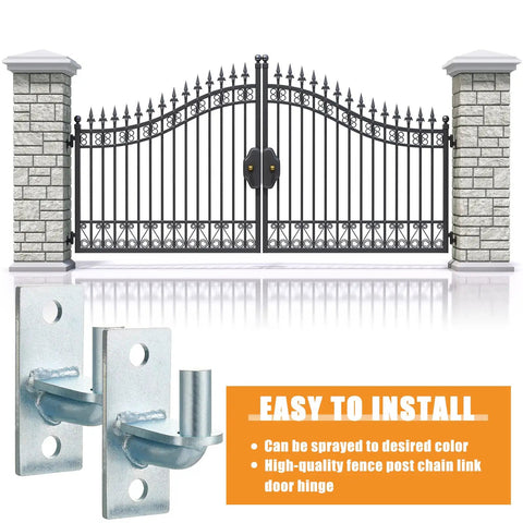 Heavy Duty 8 Piece Wall Mount Gate Hinges With 5/8 Inch Steel Pin For Farm Gates And Outdoor Chain Link Fences Built Like A Tank To Handle Rough Use Without A Bit Of Fuss, close-up of steel hinge with gate in background.