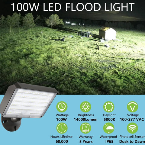 Dusk To Dawn Outdoor 100W LED Flood Light With Knuckle Mount And Plate Included, 14000LM, 100-277V, 5000K Daylight