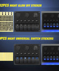 Six Gang Rocker Switch Panel With 12V Voltmeter And Dual USB Charger Cigarette Lighter Socket Six Circuit Breakers LED Meter Overload Protection Great For RV Truck Boat Two Year Warranty, with night glow sticker sets