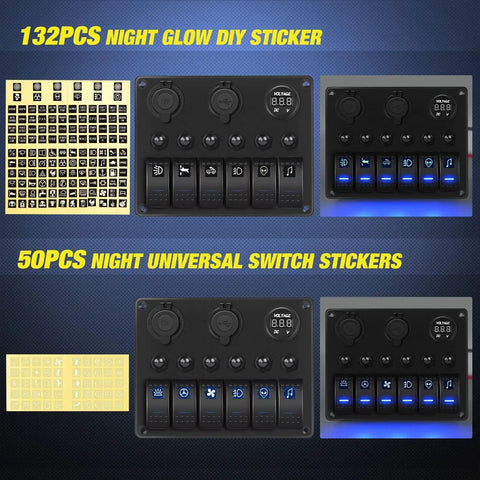 Six Gang Rocker Switch Panel With 12V Voltmeter And Dual USB Charger Cigarette Lighter Socket Six Circuit Breakers LED Meter Overload Protection Great For RV Truck Boat Two Year Warranty, with night glow sticker sets