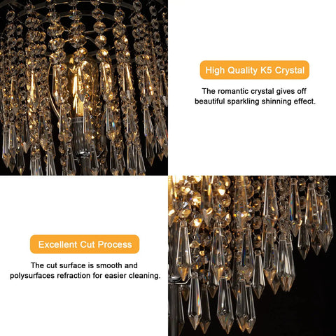 High quality K5 crystal close-up on Three Layer K5 Crystal Floor Lamp With Sparkling Triper Layer Shade, Modern Chrome Finish Floor Light.