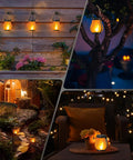 Collage of Gen2 Solar Lanterns Outdoor With Ultra Real Flame, USB And Solar Dual Charging on wall, tree, garden path, and table.