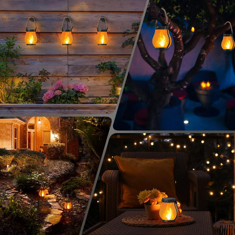 Collage of Gen2 Solar Lanterns Outdoor With Ultra Real Flame, USB And Solar Dual Charging on wall, tree, garden path, and table.