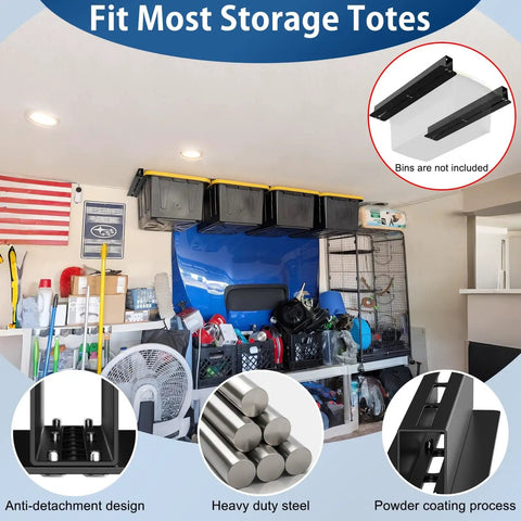 Heavy Duty Ceiling Garage Storage Rack with 17 Inch Adjustable Overhead Tote Rail System Modular 6 Bracket Sets for 5 Storage Bins installed in garage.