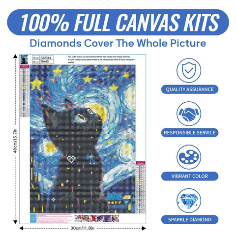Dope Black Cat 5D Diamond Painting Kit for Adults Full Drill on 12x16 Inch Canvas with Starry Night Vibe design